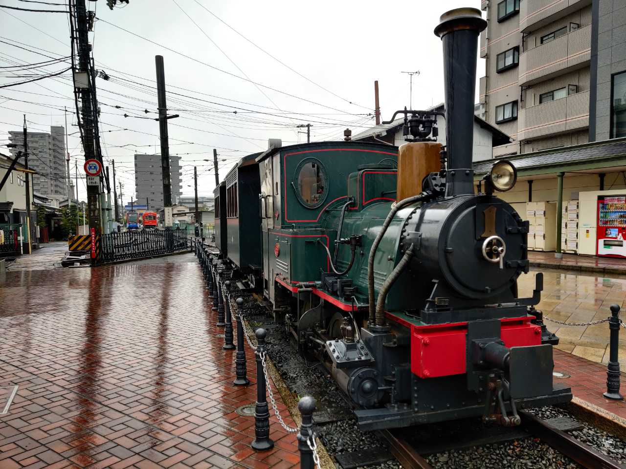 Botchan Train near Dogo Onsen in Matsuyama on a rainy day