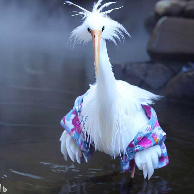 AI generated image of an egret in a hot spring